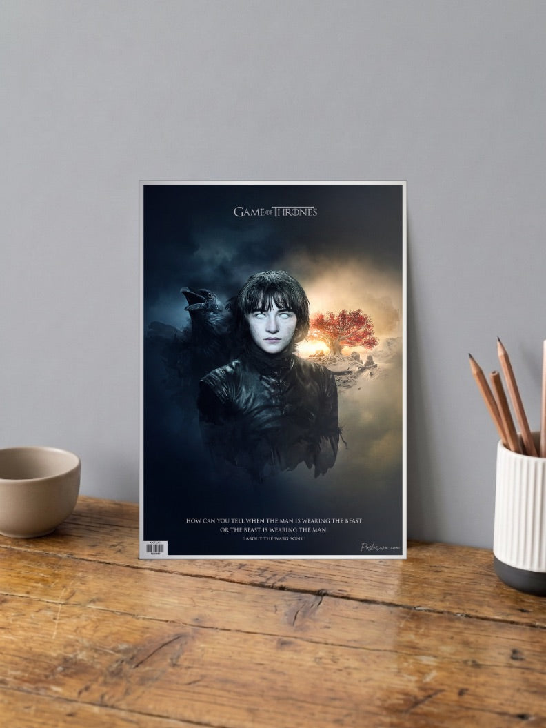 Bran Stark Portrait Webseries Poster shown in A4 size on a wooden desk