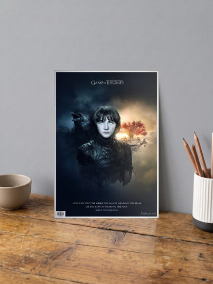 Bran Stark Portrait Webseries Poster shown in A4 size on a wooden desk
