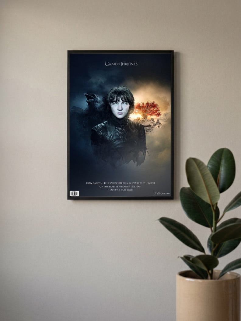 Bran Stark Portrait Webseries Poster in a black frame, mounted on a wall