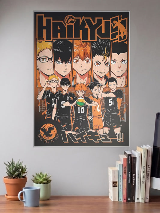 Haikyuu Take To The Skies Anime Poster shown in A3 size on a wall above a study desk
