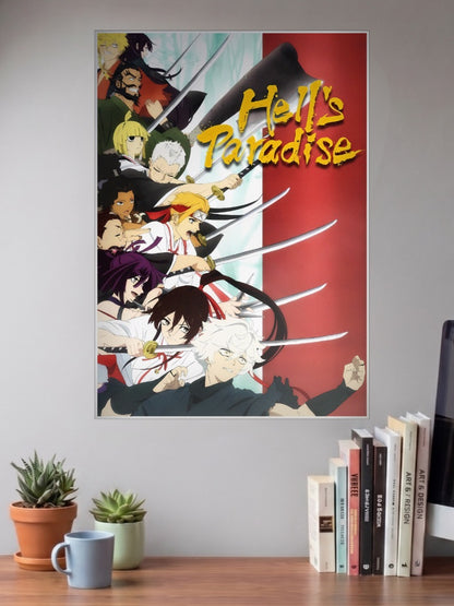 Hells Paradise Main Cast Anime Poster shown in A3 size on a wall above a study desk
