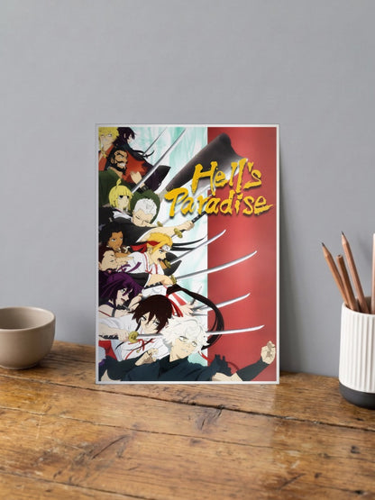 Hells Paradise Main Cast Anime Poster shown in A4 size on a wooden desk