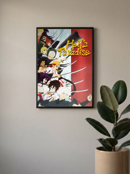 Hells Paradise Main Cast Anime Poster in a black frame, mounted on a wall