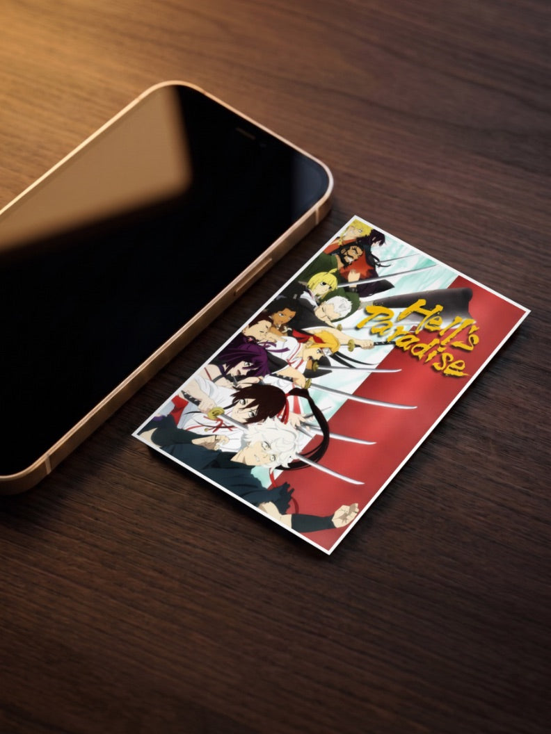 Hells Paradise Main Cast Anime Poster as a pocket poster, sized to fit behind a phone case