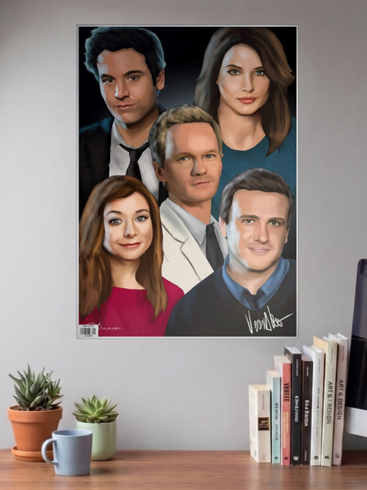 HIMYM Five Cast Portraits Sitcom Poster shown in A3 size on a wall above a study desk