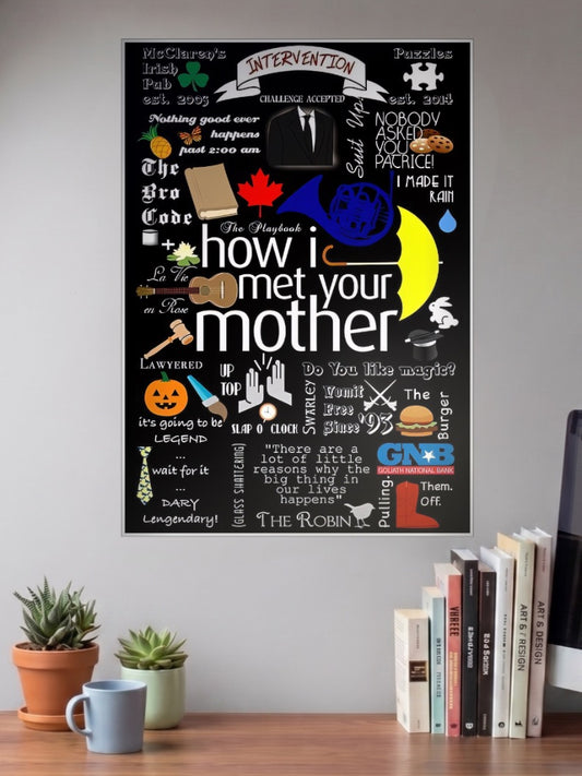 HIMYM Quotes Icon Collage Sitcom Poster shown in A3 size on a wall above a study desk