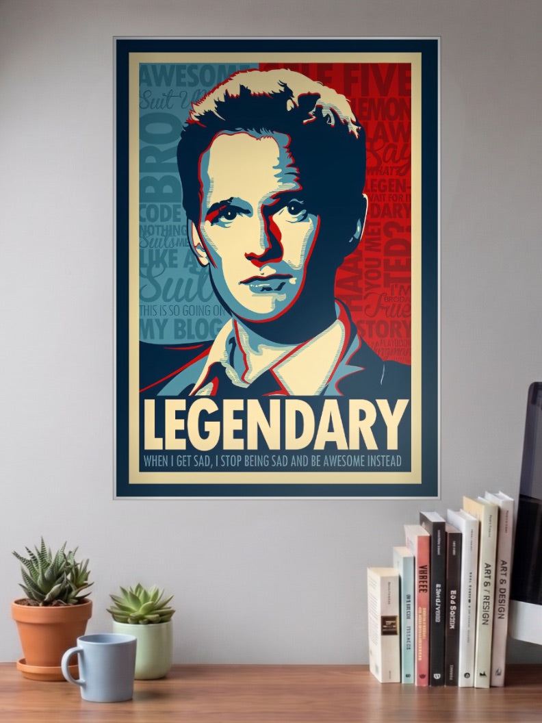 Barney Stinson Legendary Hope Sitcom Poster shown in A3 size on a wall above a study desk