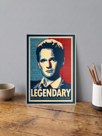 Barney Stinson Legendary Hope Sitcom Poster shown in A4 size on a wooden desk