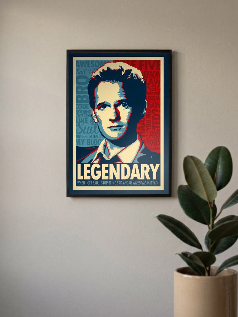 Barney Stinson Legendary Hope Sitcom Poster in a black frame, mounted on a wall