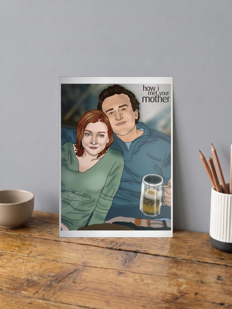 Marshall And Lily Cheers Sitcom Poster shown in A4 size on a wooden desk