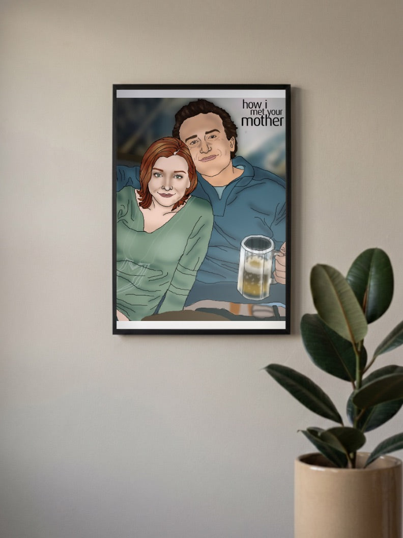 Marshall And Lily Cheers Sitcom Poster in a black frame, mounted on a wall