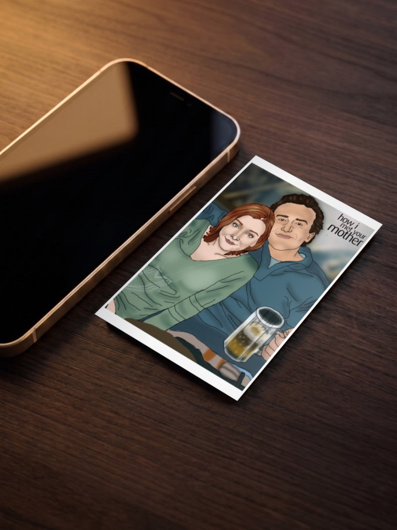 Marshall And Lily Cheers Sitcom Poster as a pocket poster, sized to fit behind a phone case