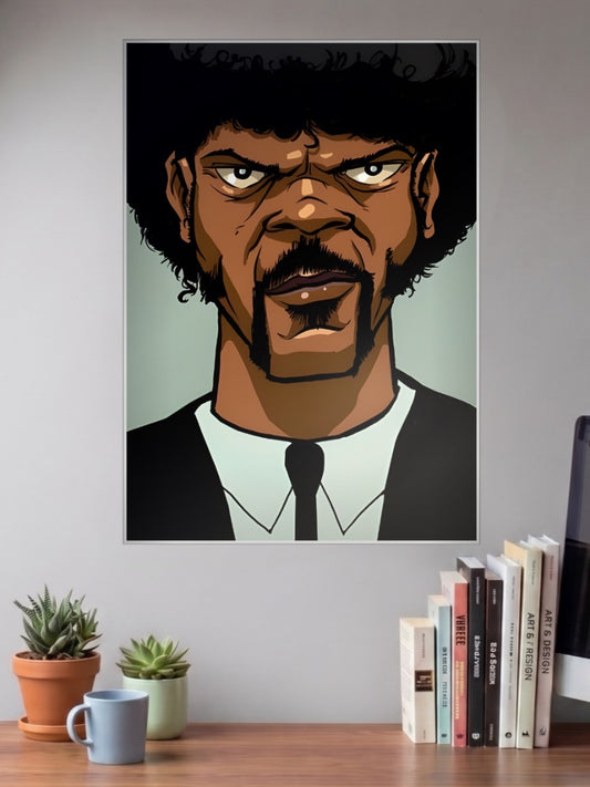 Jules Winnfield Hollywood Movie Poster shown in A3 size on a wall above a study desk