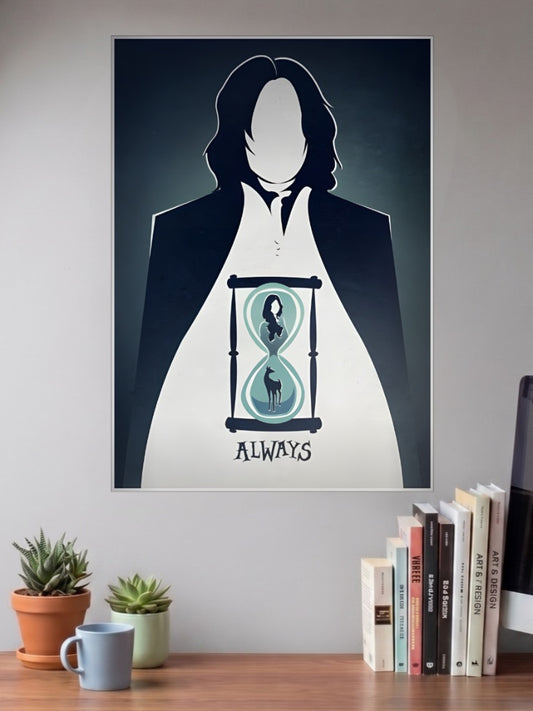 Severus Snape Always Hollywood Movie Poster shown in A3 size on a wall above a study desk