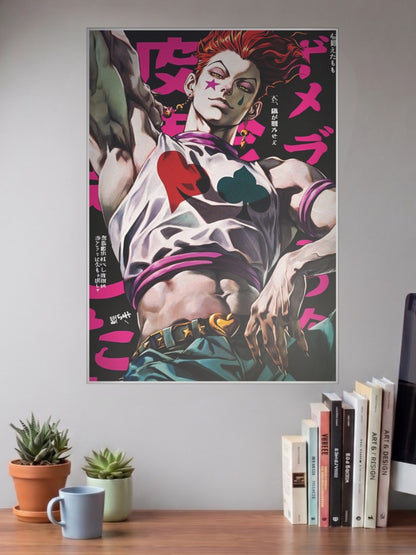 Hisoka Morow Manga Panel Anime Poster shown in A3 size on a wall above a study desk