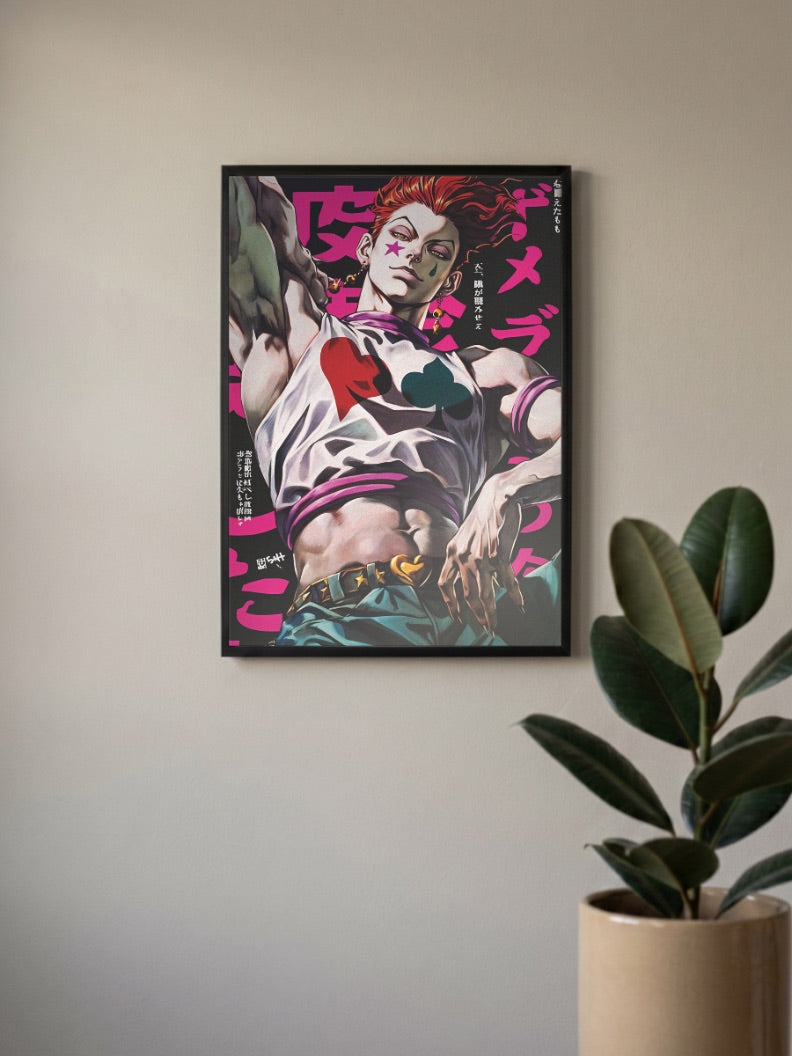 Hisoka Morow Manga Panel Anime Poster in a black frame, mounted on a wall