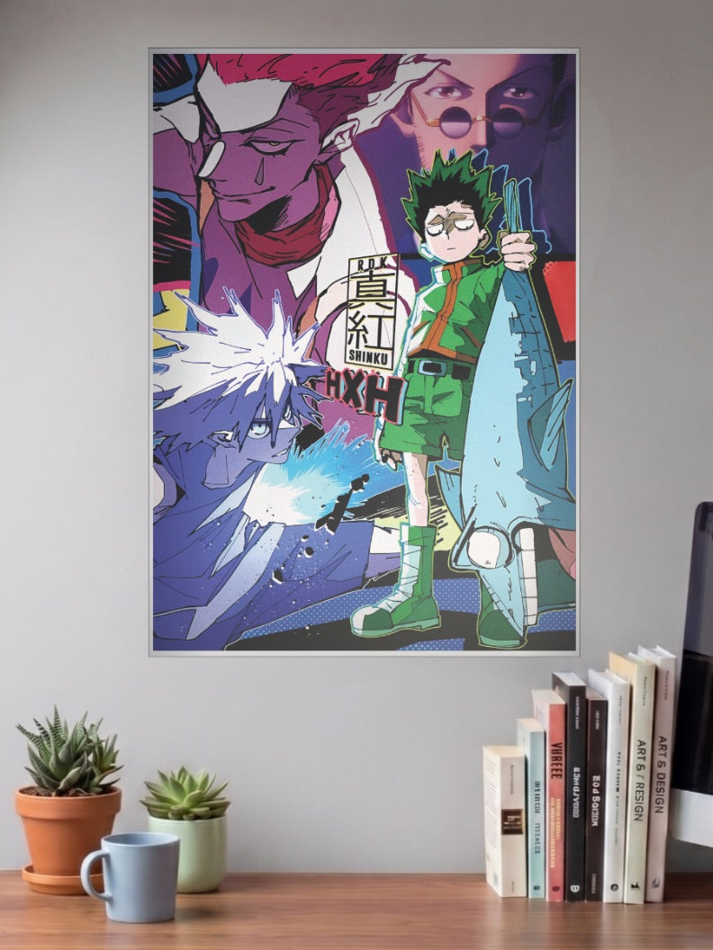 Hunter X Hunter Group Collage Anime Poster shown in A3 size on a wall above a study desk