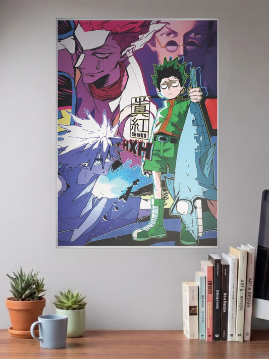 Hunter X Hunter Group Collage Anime Poster shown in A3 size on a wall above a study desk