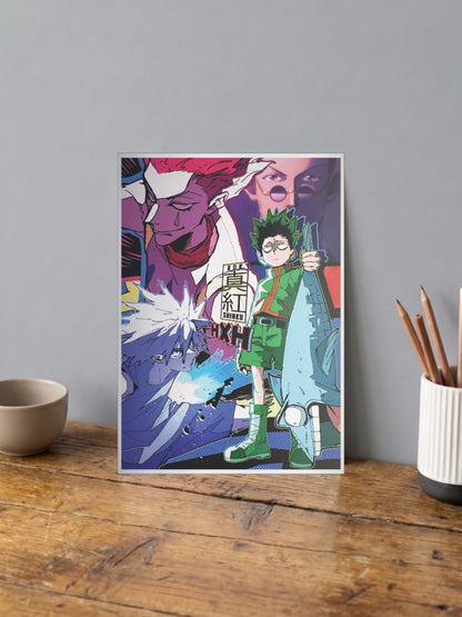 Hunter X Hunter Group Collage Anime Poster shown in A4 size on a wooden desk