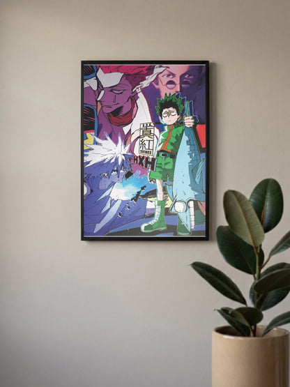 Hunter X Hunter Group Collage Anime Poster in a black frame, mounted on a wall