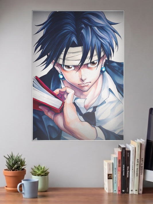 Kurapika With Scarlet Book Anime Poster shown in A3 size on a wall above a study desk