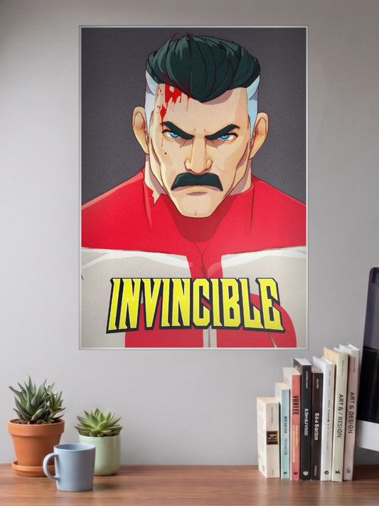 Omni Man Bloody Portrait Comic Book Poster shown in A3 size on a wall above a study desk