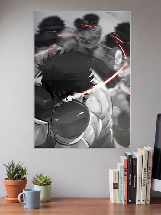 Ippo Boxing Action Blur Anime Poster shown in A3 size on a wall above a study desk