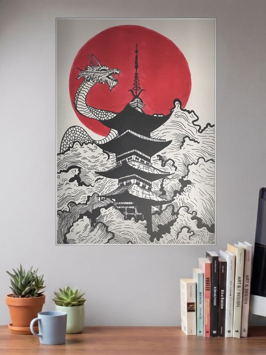 Dragon And Pagoda Ink Art Japan Poster shown in A3 size on a wall above a study desk