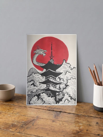 Dragon And Pagoda Ink Art Japan Poster