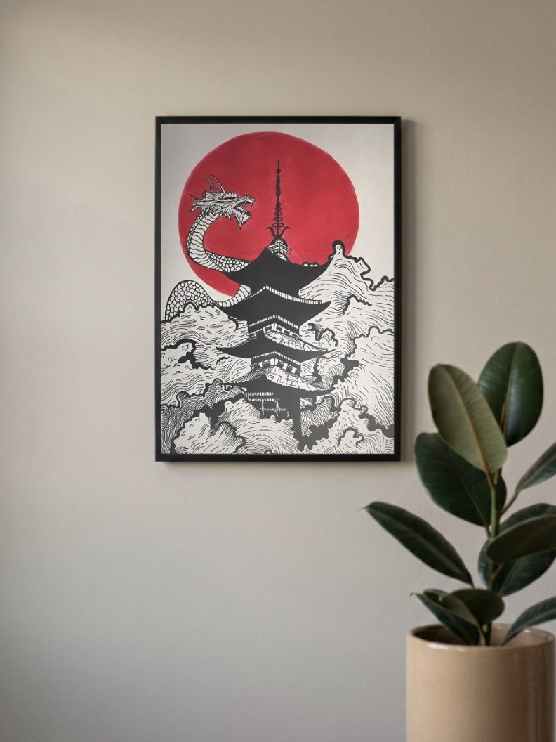 Dragon And Pagoda Ink Art Japan Poster