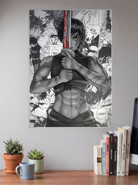 Yuji Itadori Bloody Sword Anime Poster shown in A3 size on a wall above a study desk