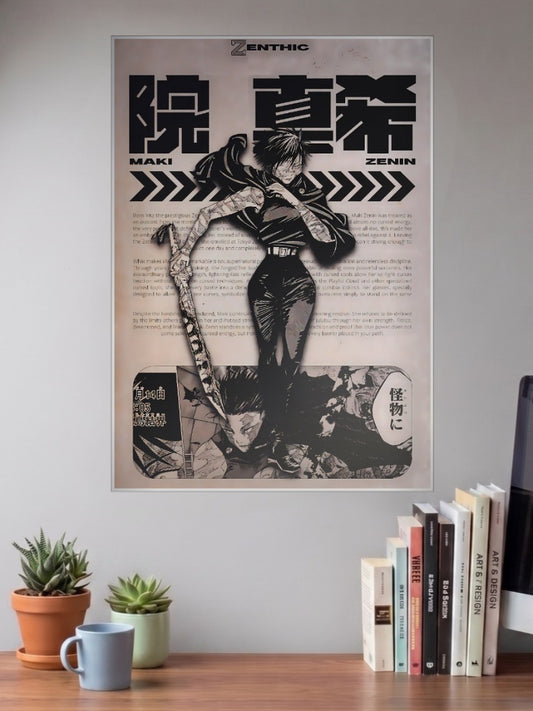 Maki Zenin Character Bio Anime Poster shown in A3 size on a wall above a study desk