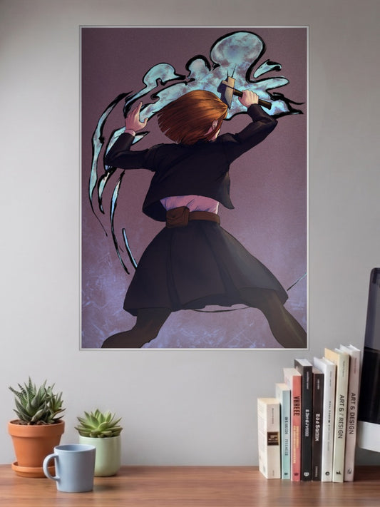 Nobara Kugisaki Nail Technique Anime Poster shown in A3 size on a wall above a study desk