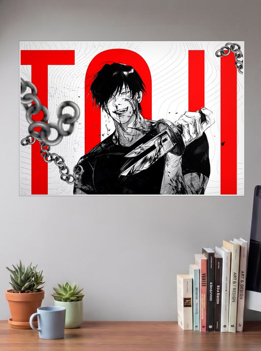 Toji Jujutsu Kaisen Anime Poster shown in A3 size on a wall above a study desk