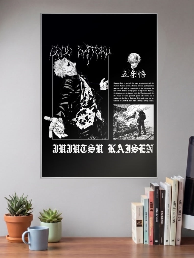 Gojo Satoru Propaganda Style Anime Poster shown in A3 size on a wall above a study desk
