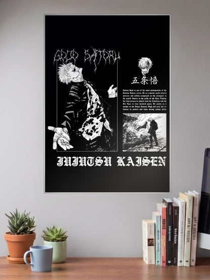 Gojo Satoru Propaganda Style Anime Poster shown in A3 size on a wall above a study desk