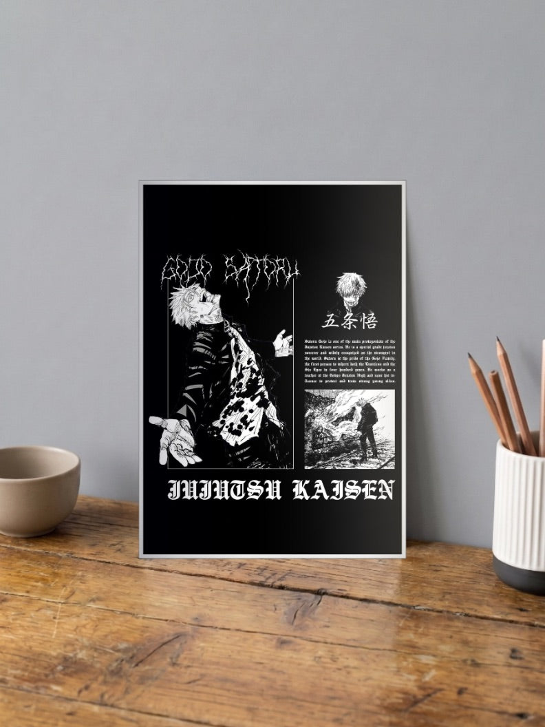 Gojo Satoru Propaganda Style Anime Poster shown in A4 size on a wooden desk