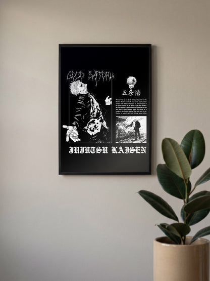Gojo Satoru Propaganda Style Anime Poster in a black frame, mounted on a wall