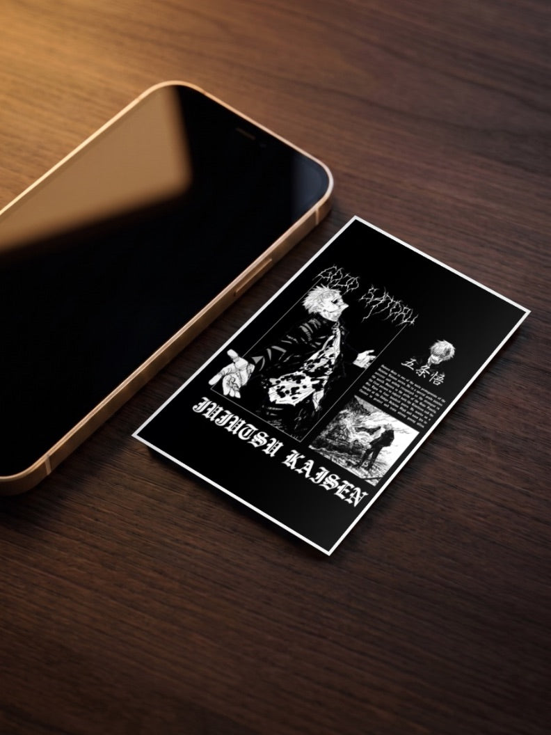 Gojo Satoru Propaganda Style Anime Poster as a pocket poster, sized to fit behind a phone case