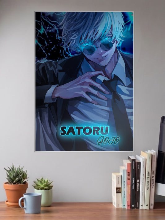 Gojo Satoru Lightning Suit Anime Poster shown in A3 size on a wall above a study desk