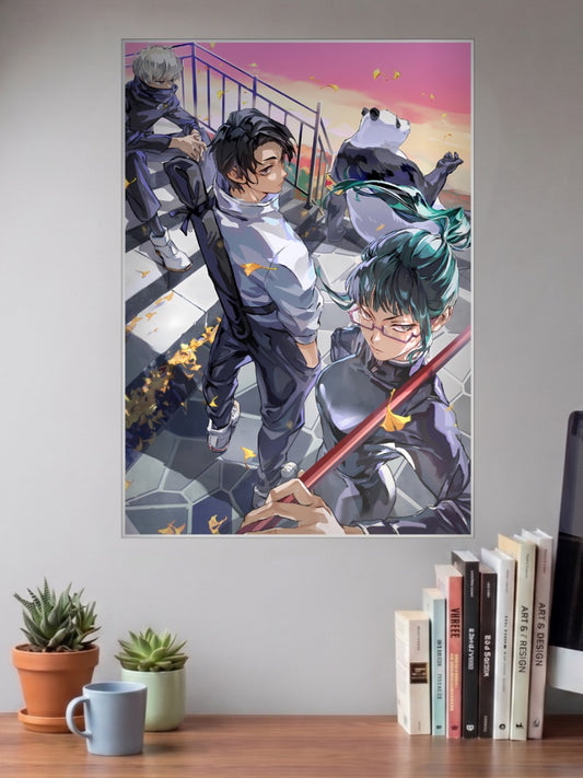 Jujutsu Kaisen Casual Cast Scene Anime Poster shown in A3 size on a wall above a study desk