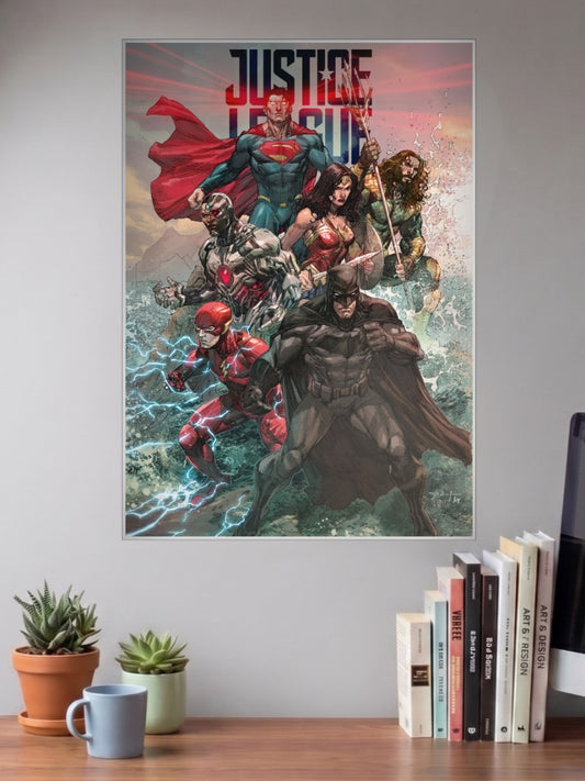 Justice League Movie Cast Art DC Poster shown in A3 size on a wall above a study desk