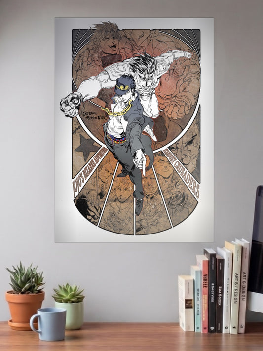 Jotaro Star Platinum Sepia Anime Poster shown in A3 size on a wall above a study desk