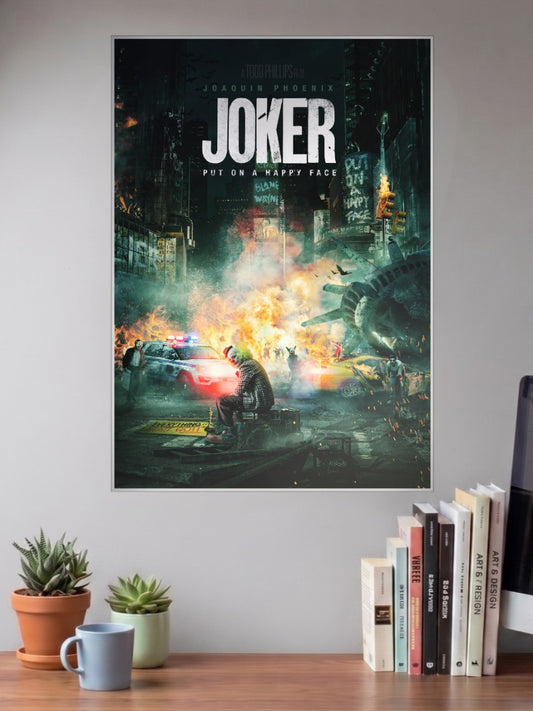 Joker City Riot Scene Hollywood Movie Poster shown in A3 size on a wall above a study desk
