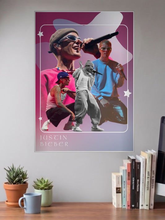 Justin Bieber Photo Collage Singers Poster shown in A3 size on a wall above a study desk