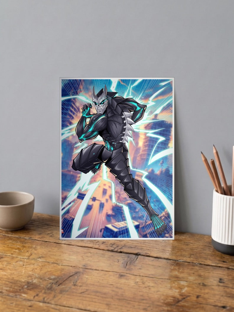 Kaiju No8 Running Pose Anime Poster shown in A4 size on a wooden desk