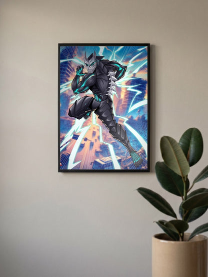 Kaiju No8 Running Pose Anime Poster in a black frame, mounted on a wall