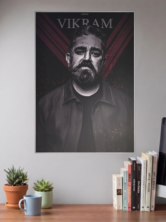 Agent Vikram Portrait Kollywood Movie Poster shown in A3 size on a wall above a study desk