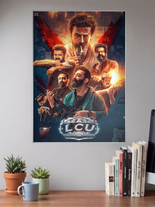 Lcu Cast Action Collage Kollywood Movie Poster shown in A3 size on a wall above a study desk