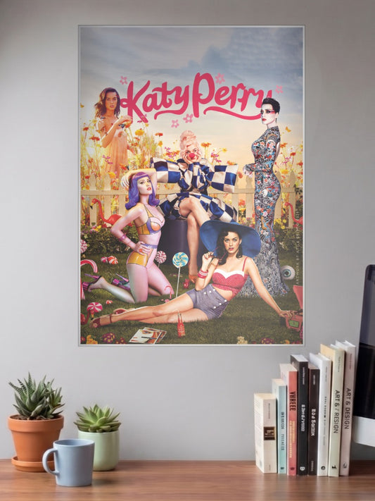 Katy Perry Fantasy Collage Art Singers Poster shown in A3 size on a wall above a study desk